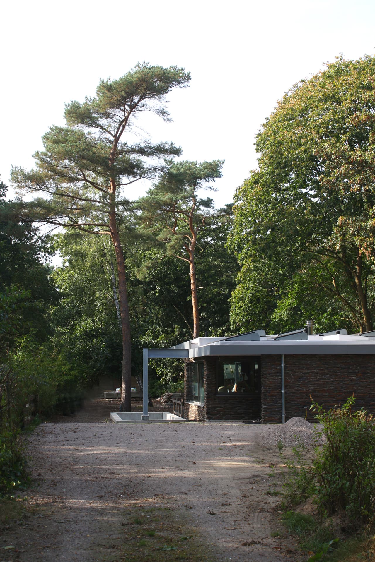 De bungalow verscholen tussen de dennen op de oude spoordijk